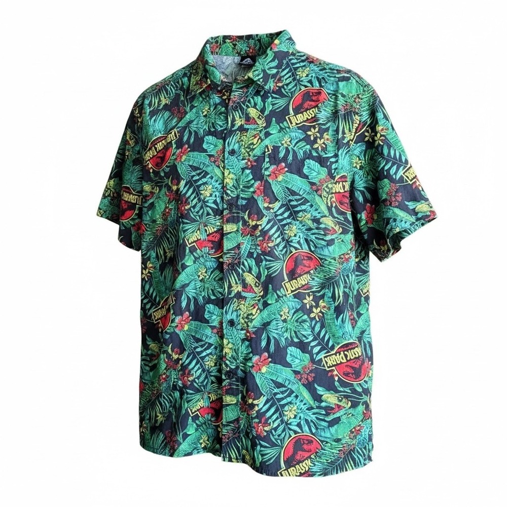 Jurassic World Dominion Mens Large Green Cotton Tropical Dinosaur Button Shirt